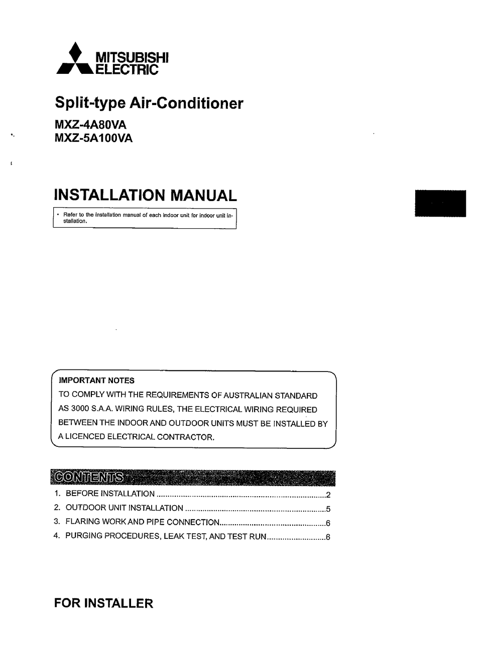 MITSUBISHI MXZ4A80VA INSTALLATION MANUAL Pdf Download ManualsLib