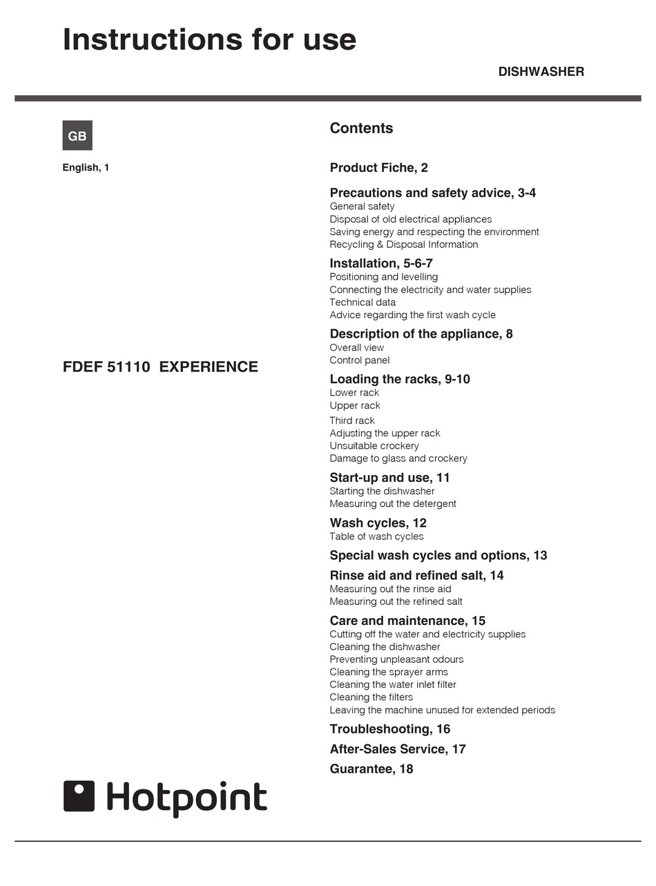 HOTPOINT FDEF 51110 EXPERIENCE INSTRUCTIONS FOR USE MANUAL Pdf Download ...