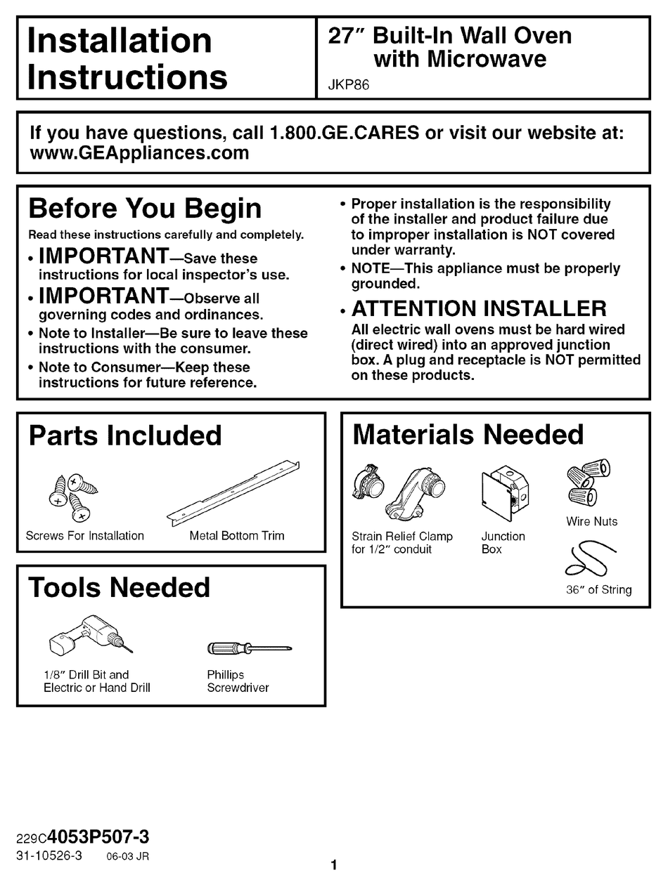 GE JKP86 INSTALLATION INSTRUCTIONS MANUAL Pdf Download ManualsLib