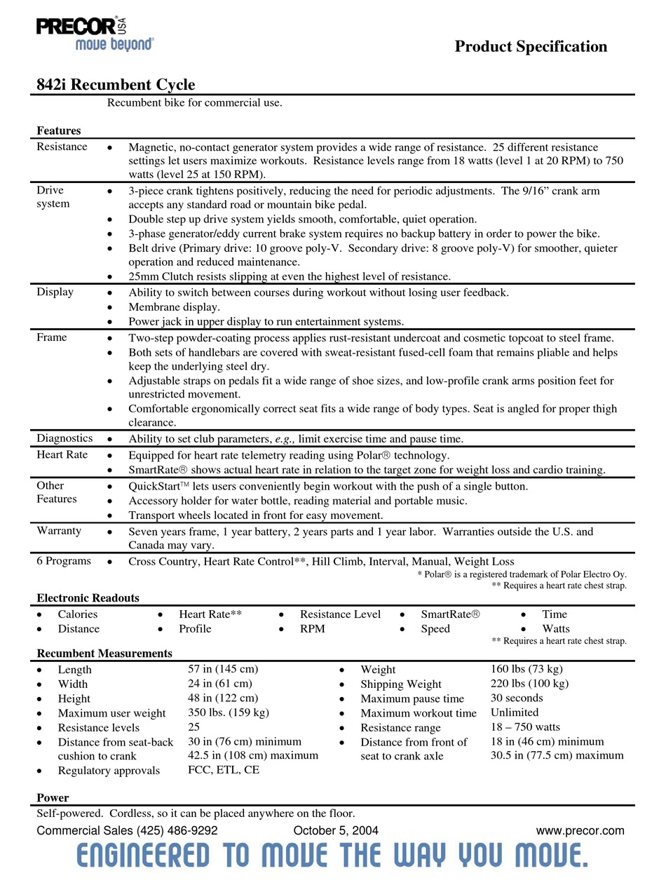 PRECOR 842I PRODUCT SPECIFICATION Pdf 