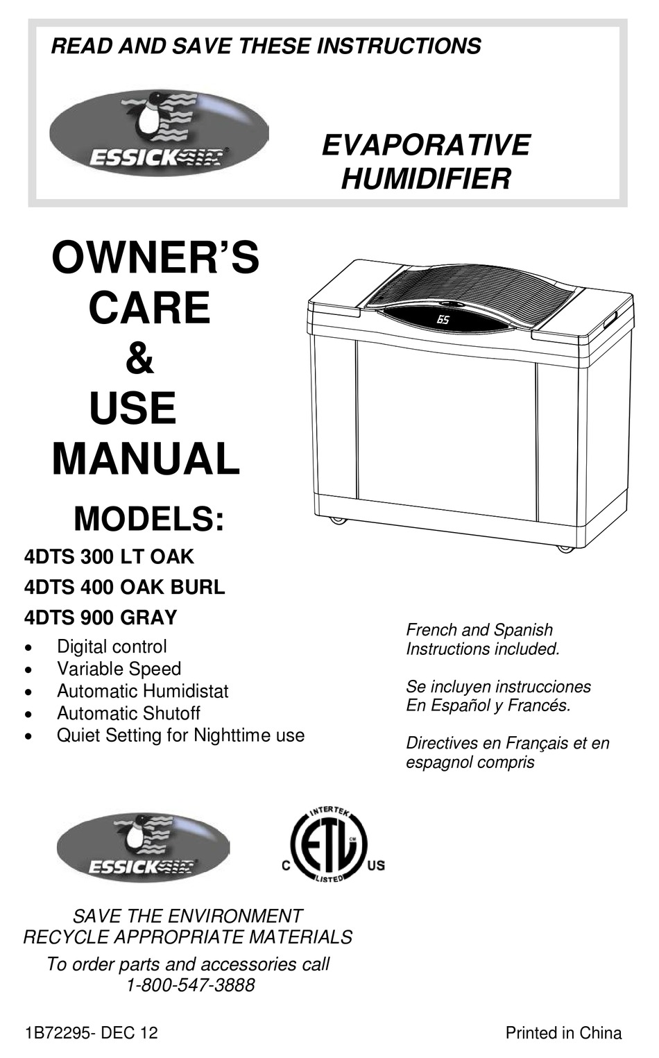 ESSICK 4DTS 300 LT OAK OWNER'S CARE & USE MANUAL Pdf Download | ManualsLib