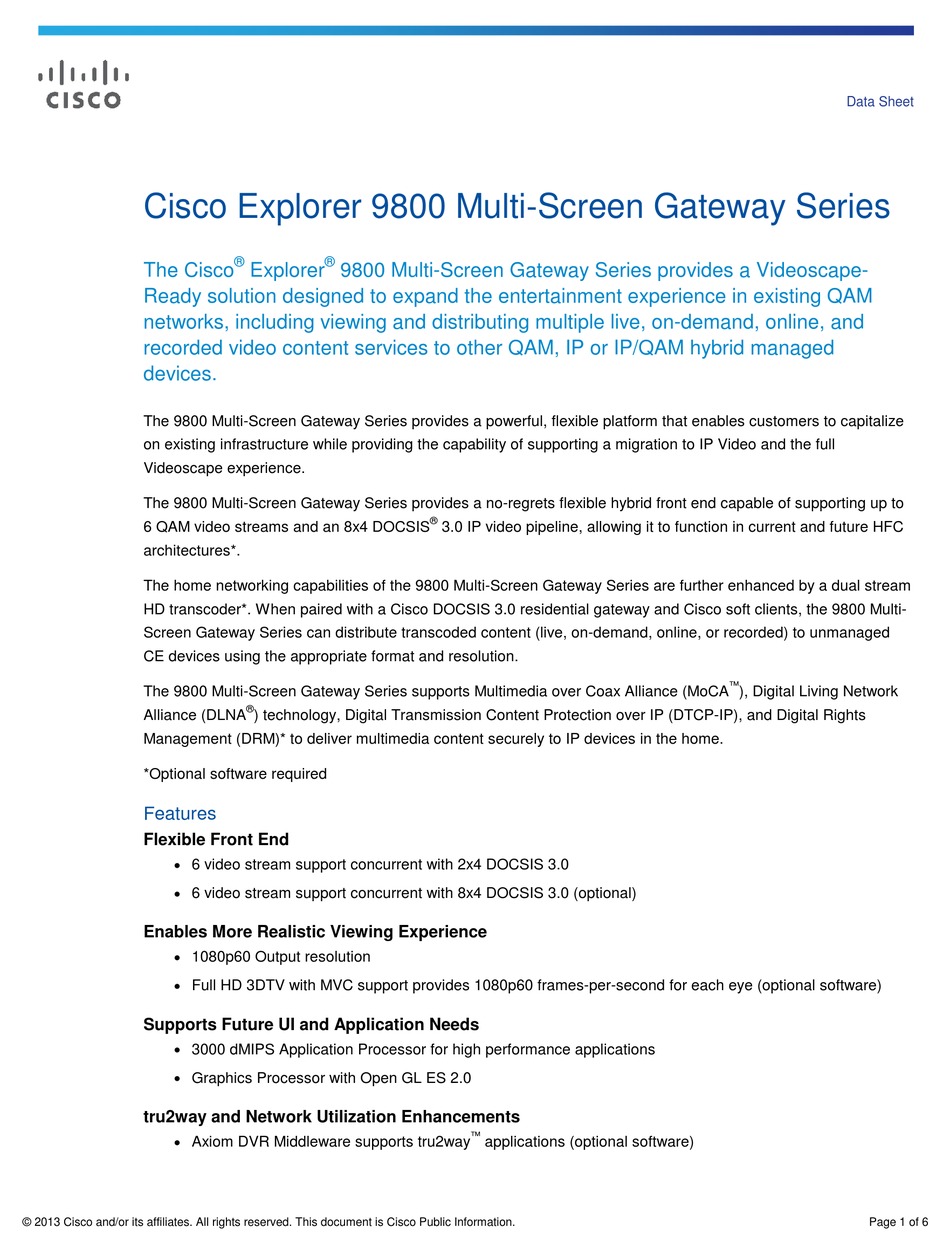 CISCO EXPLORER 9800 MULTISCREEN SERIES DATASHEET Pdf Download ManualsLib