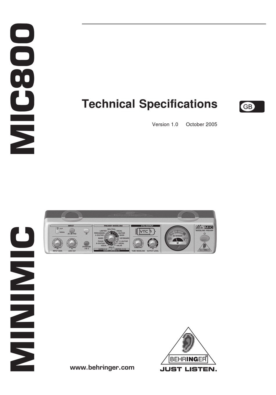 Behringer Minimic Mic800 Technical Specifications Pdf Download Manualslib