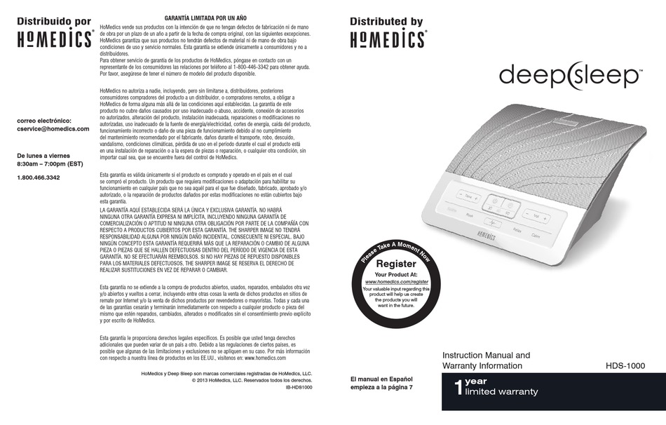 HOMEDICS DEEPSLEEP HDS1000 INSTRUCTION MANUAL AND WARRANTY Pdf