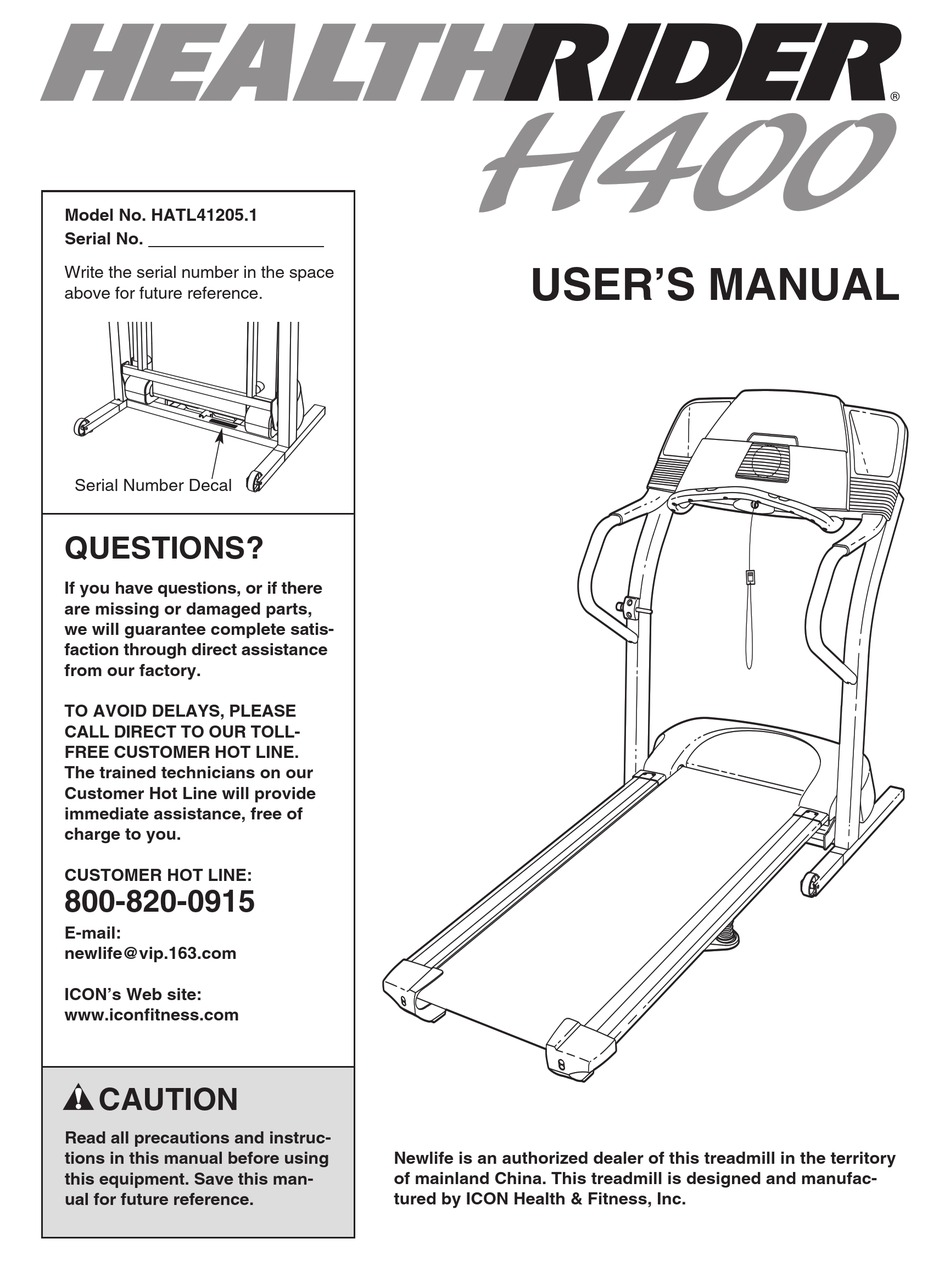 HEALTHRIDER H400 TREADMILL USER MANUAL Pdf Download ManualsLib