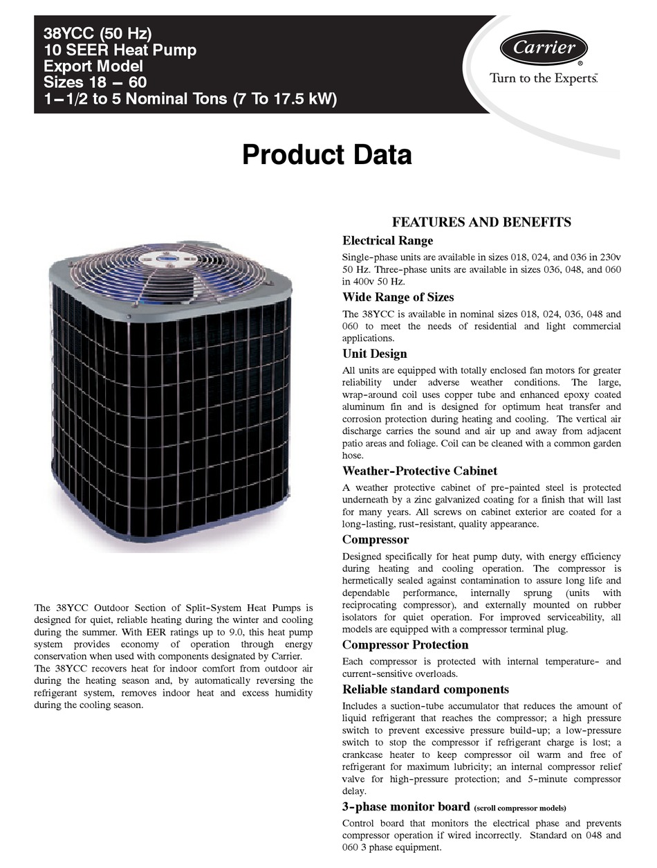 CARRIER 38YCC SERIES PRODUCT DATA Pdf Download ManualsLib