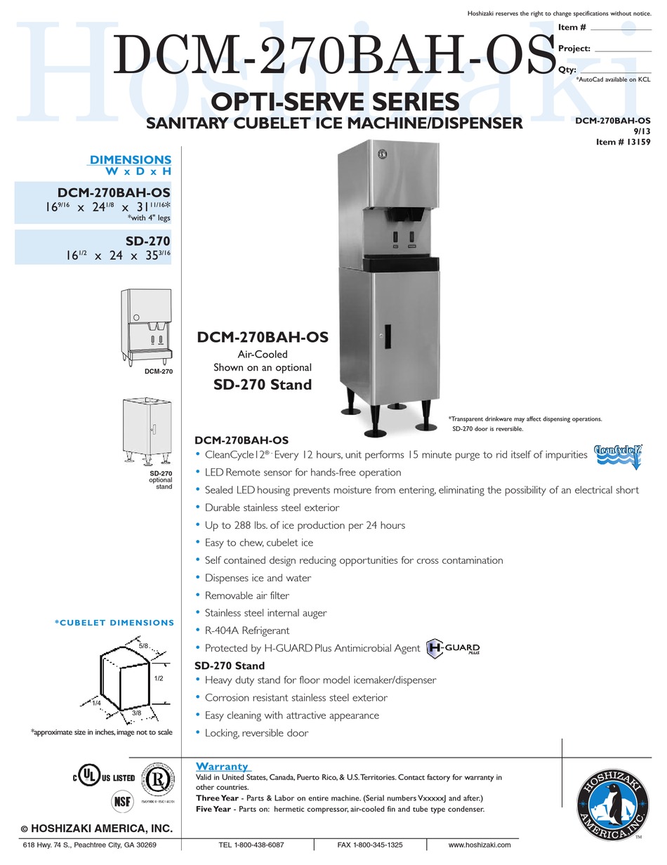 HOSHIZAKI DCM270BAHOS SPECIFICATION Pdf Download ManualsLib