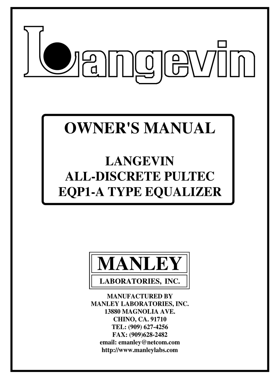 Manley Langevin Pultec Eqp1 A Owner S Manual Pdf Download Manualslib