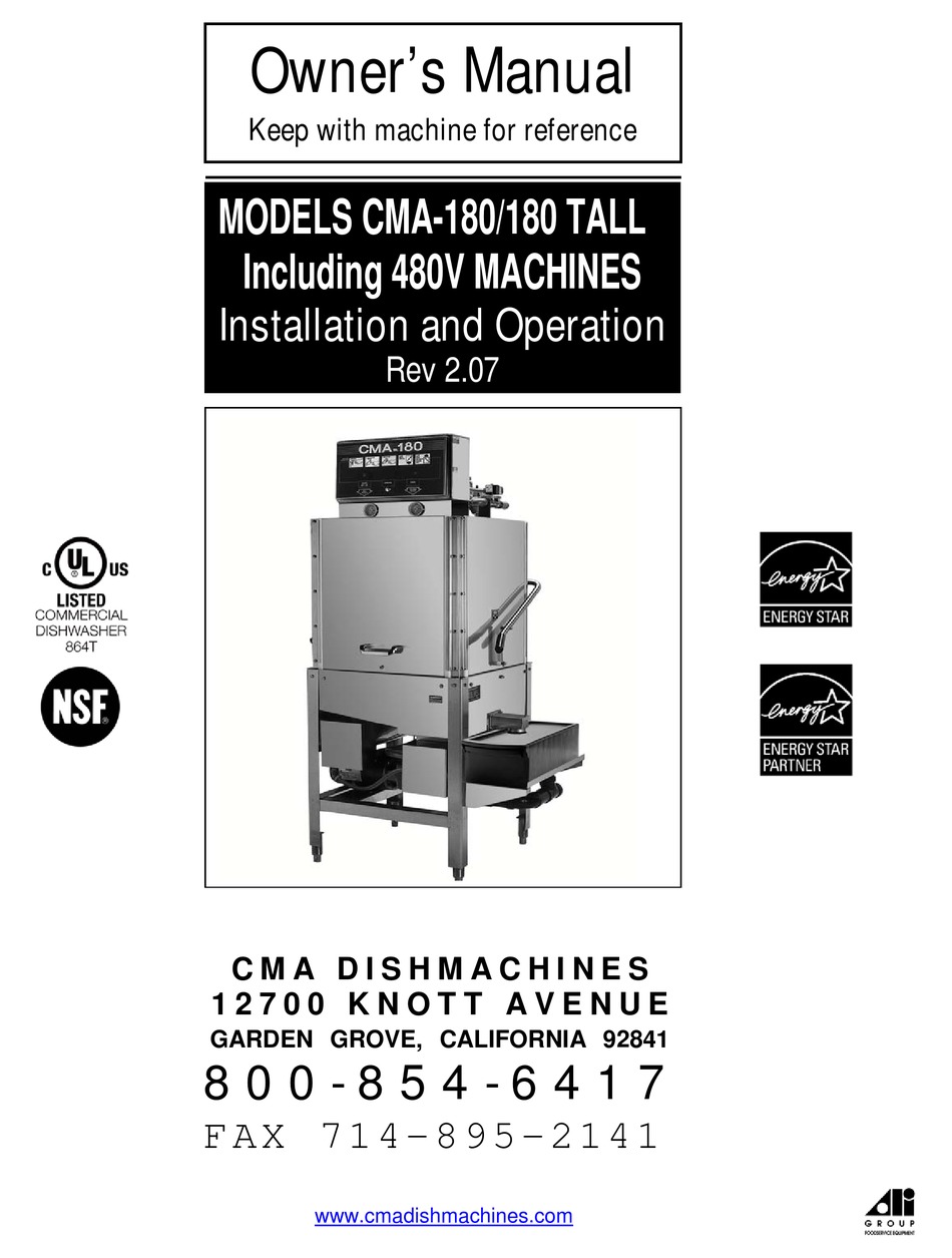 CMA DISHMACHINES CMA-180 TALL OWNER'S MANUAL Pdf Download | ManualsLib