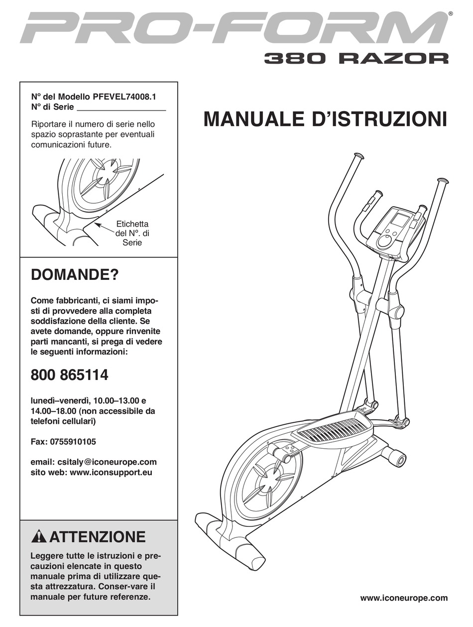 PROFORM 380 RAZOR ELLIPTICAL MANUALE D ISTRUZIONI Pdf Download