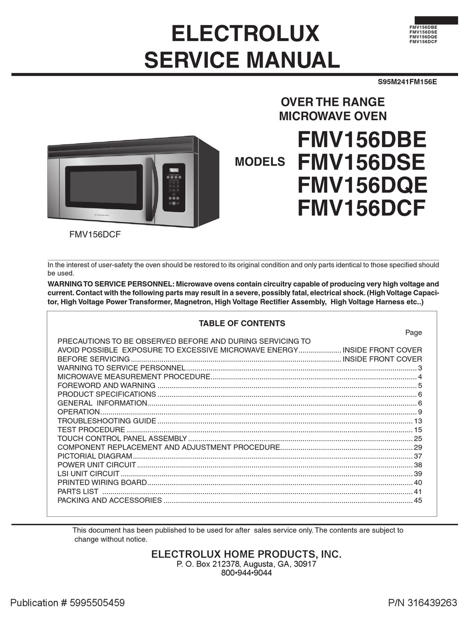electrolux manual for over the range microwave