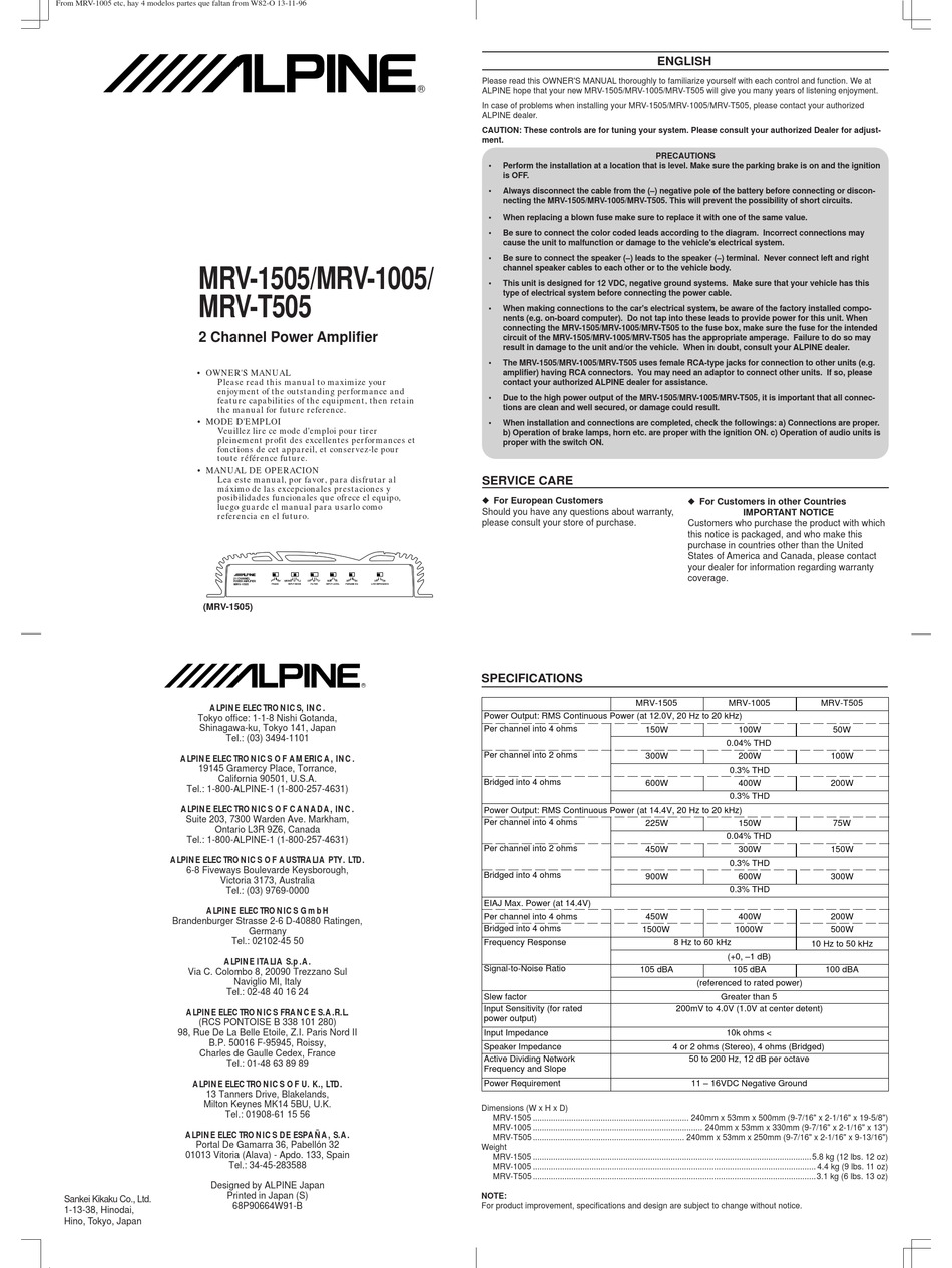 ALPINE MRV-1005 OWNER'S MANUAL Pdf Download | ManualsLib