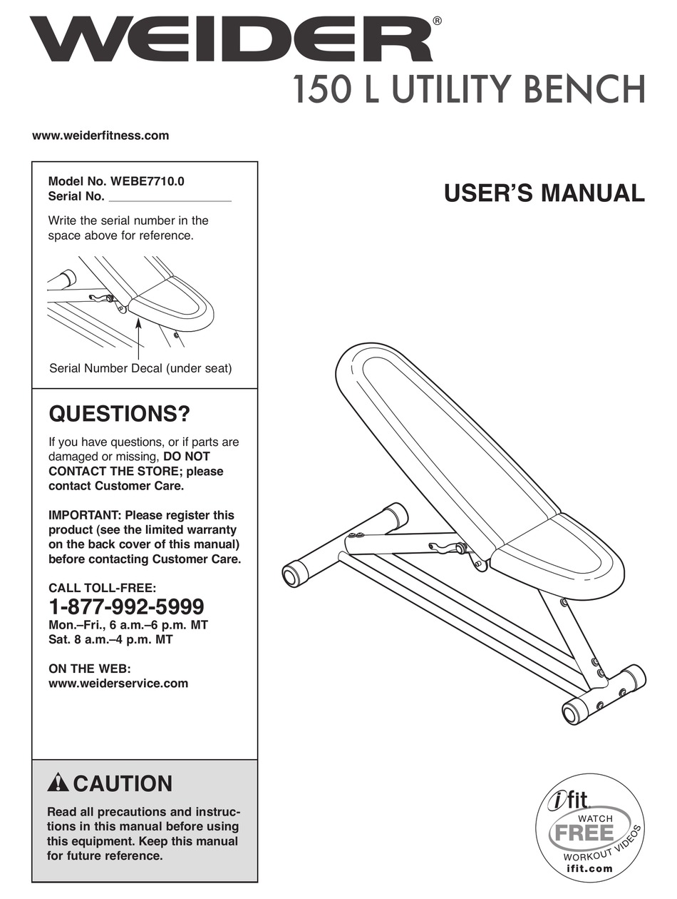 WEIDER 150 L UTILITY BENCH MANUAL Pdf Download | ManualsLib
