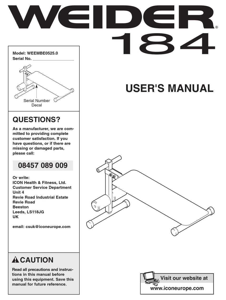 WEIDER 184 BENCH USER MANUAL Pdf Download ManualsLib