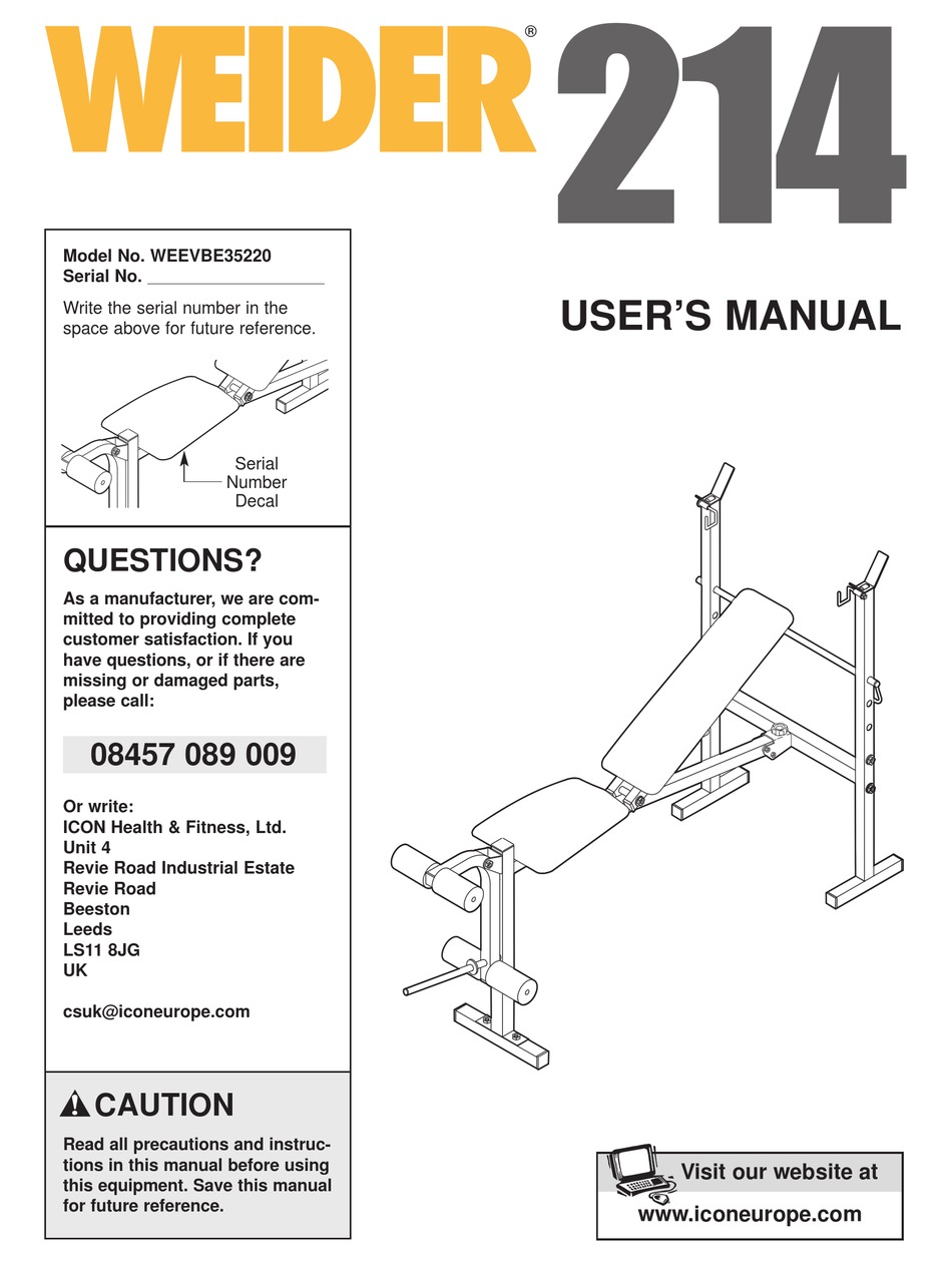 WEIDER 214 BENCH USER MANUAL Pdf Download ManualsLib