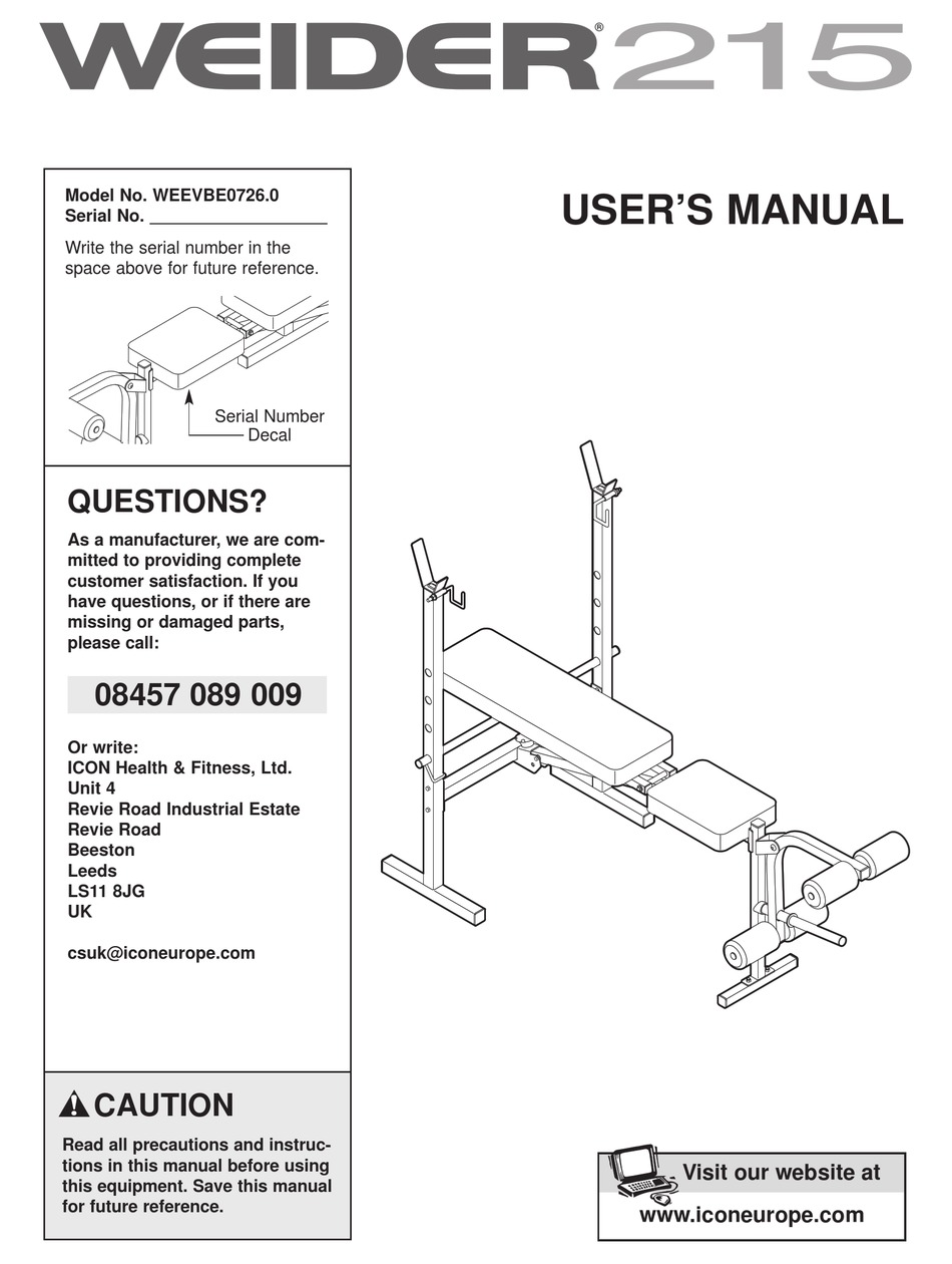 WEIDER 215 BENCH USER MANUAL Pdf Download ManualsLib