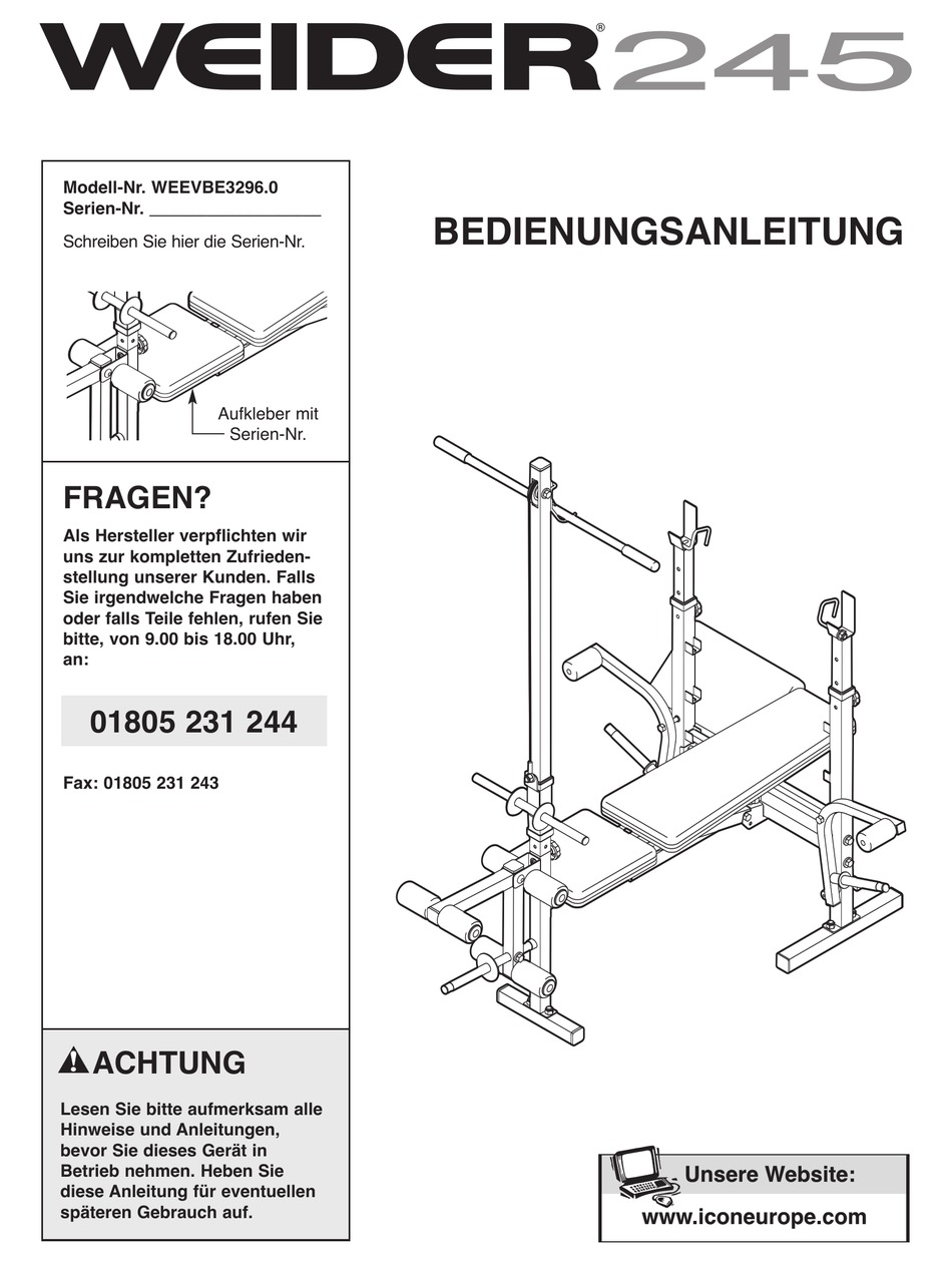WEIDER 245 BENCH BEDIENUNGSANLEITUNG Pdf Download ManualsLib