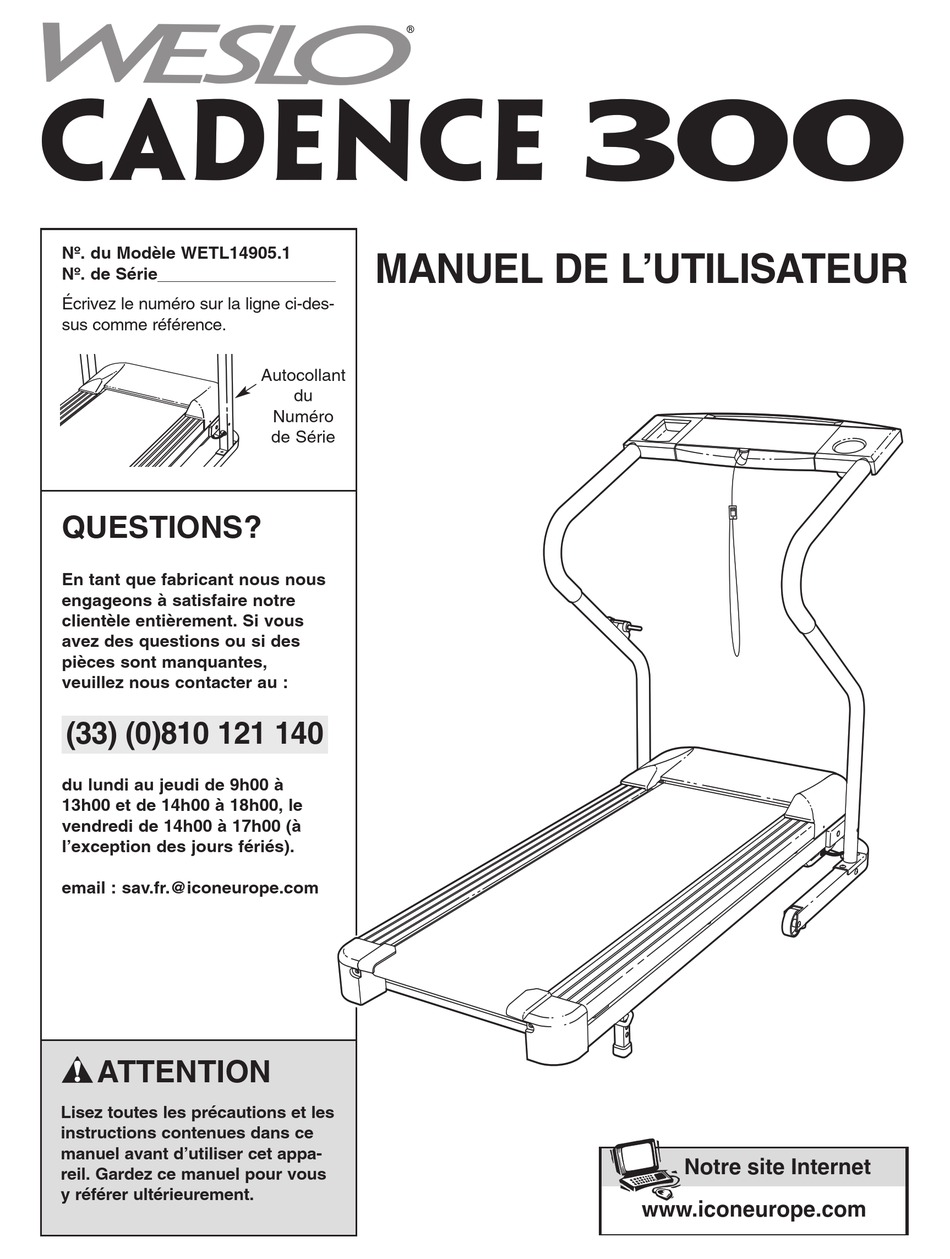 WESLO CADENCE 300 TREADMILL MANUEL DE L'UTILISATEUR Pdf Download