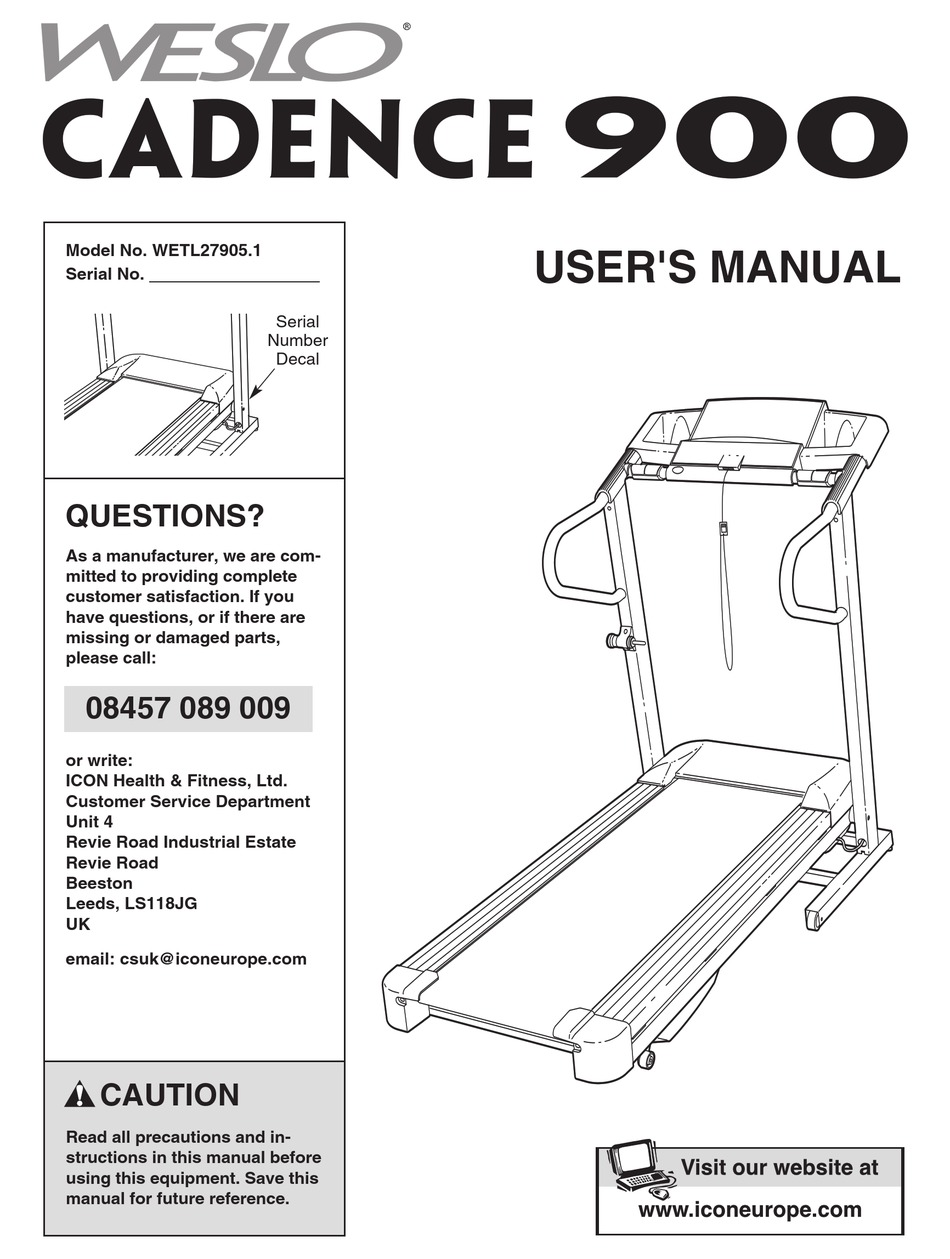 WESLO CADENCE 900 TREADMILL USER MANUAL Pdf Download ManualsLib