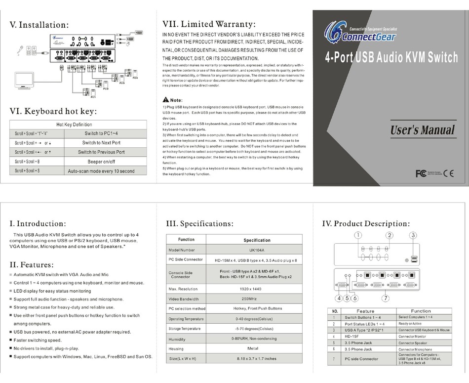 CONNECTGEAR 4PORT USB AUDIO KVM SWITCH USER MANUAL Pdf Download