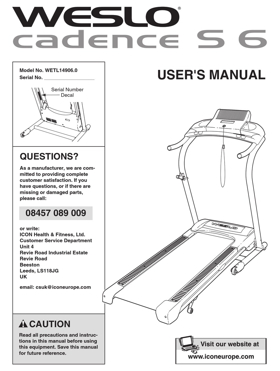 Weslo Cadence S6 Treadmill User Manual Pdf Download Manualslib