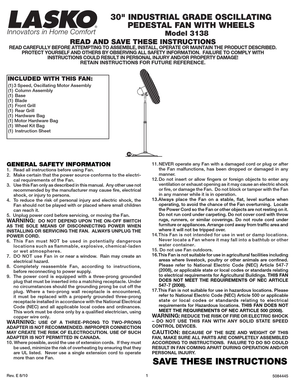 Lasko Fan Instruction Manual