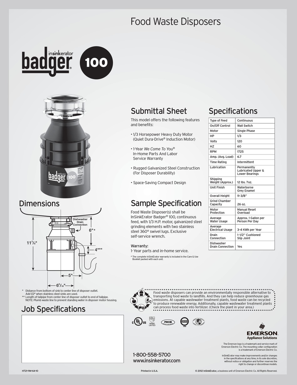 INSINKERATOR BADGER 100 SPECIFICATIONS Pdf Download | ManualsLib