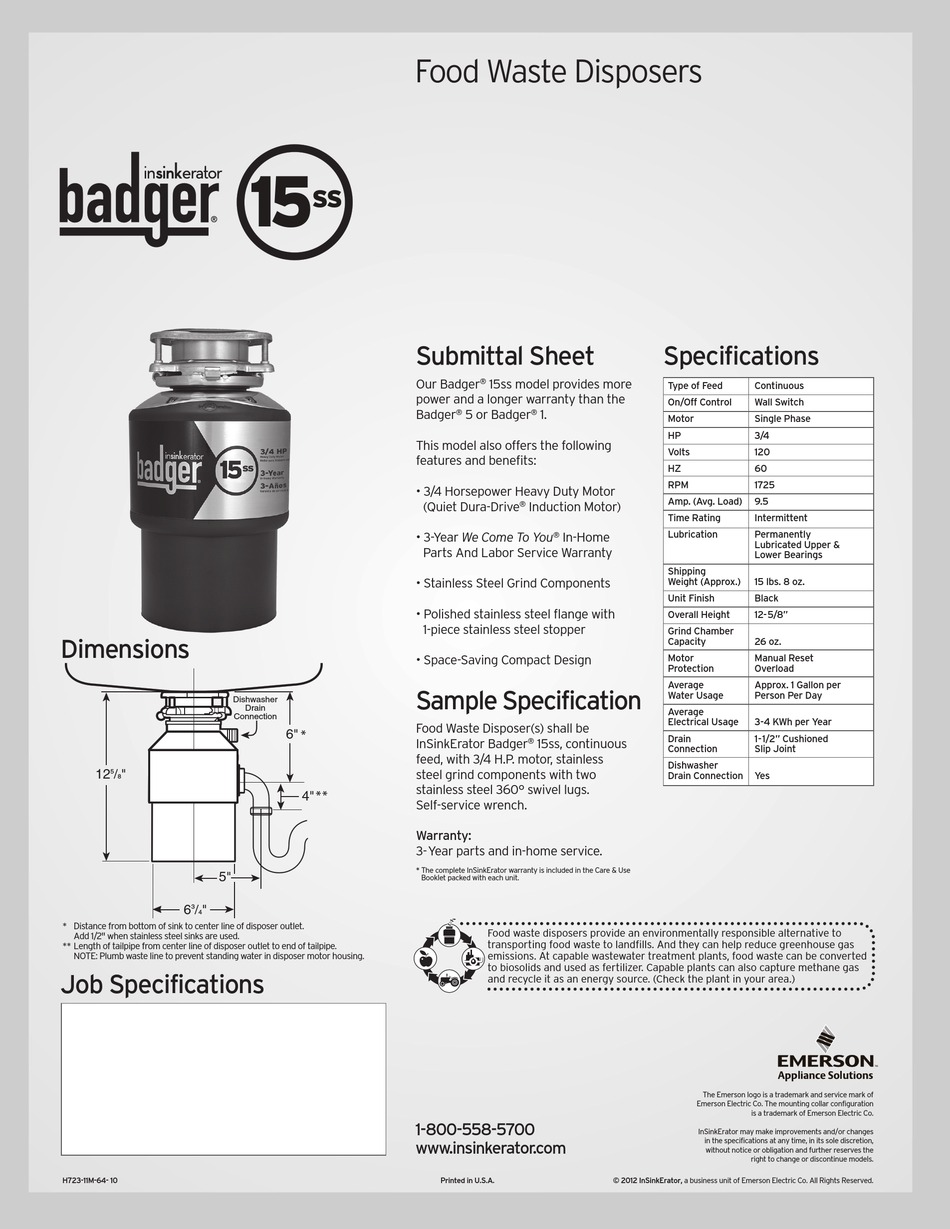 INSINKERATOR BADGER 15SS SPECIFICATIONS Pdf Download ManualsLib