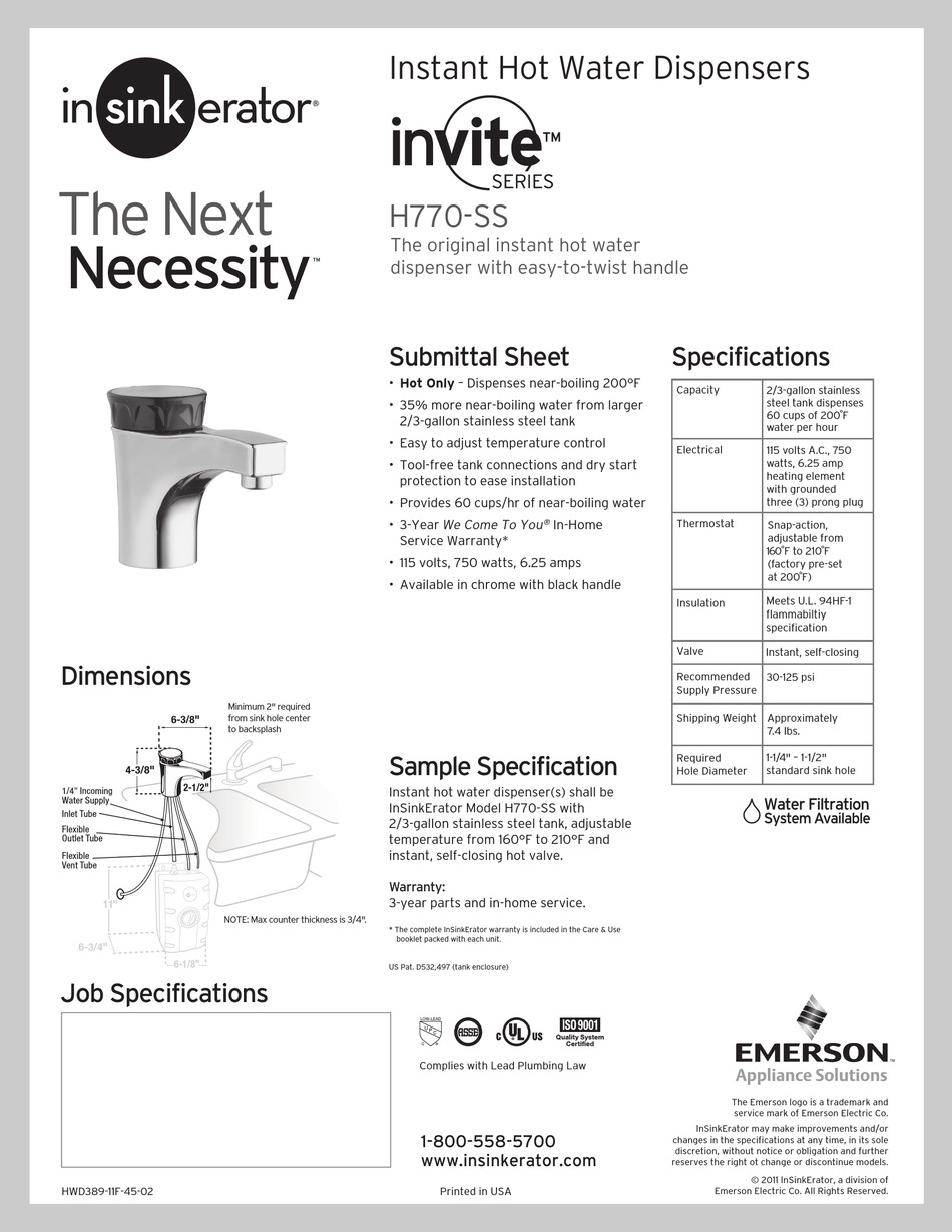 INSINKERATOR INVITE H770-SS SPECIFICATIONS Pdf Download | ManualsLib