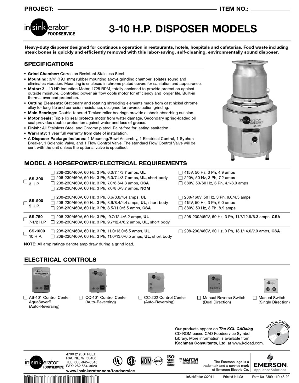 INSINKERATOR MODEL SS-1000 SPECIFICATIONS Pdf Download | ManualsLib