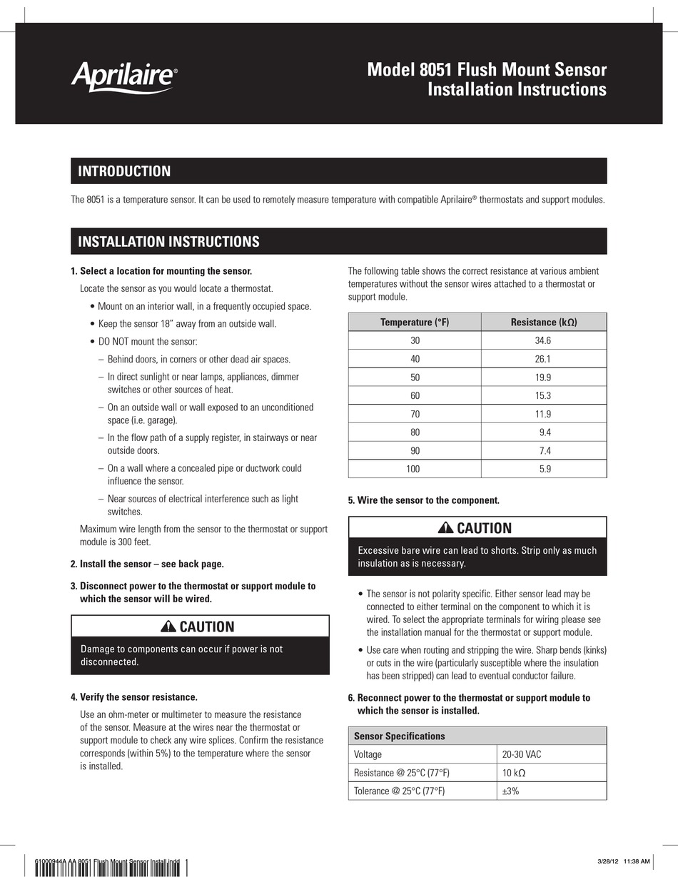 APRILAIRE 8051 INSTALLATION INSTRUCTIONS Pdf Download ManualsLib