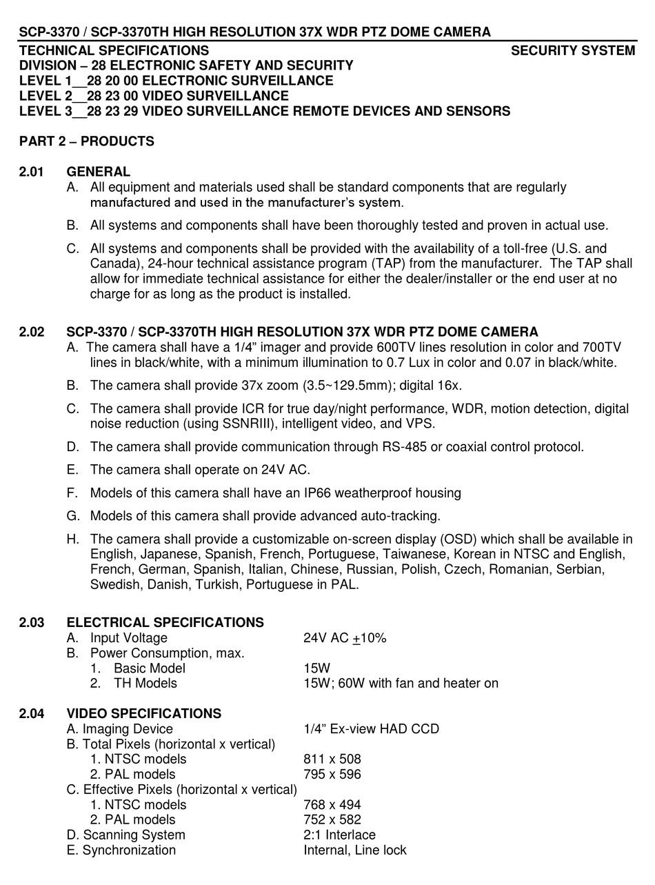 Samsung Techwin SCP-3430H Data Sheet