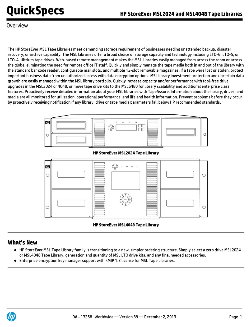 HP MSL2024 QUICKSPECS Pdf Download ManualsLib