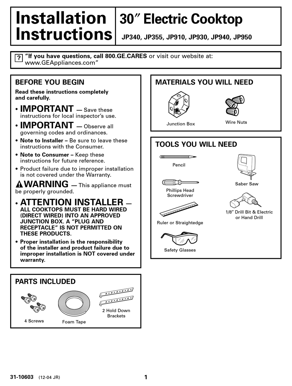 GE JP950 INSTALLATION INSTRUCTIONS MANUAL Pdf Download ManualsLib