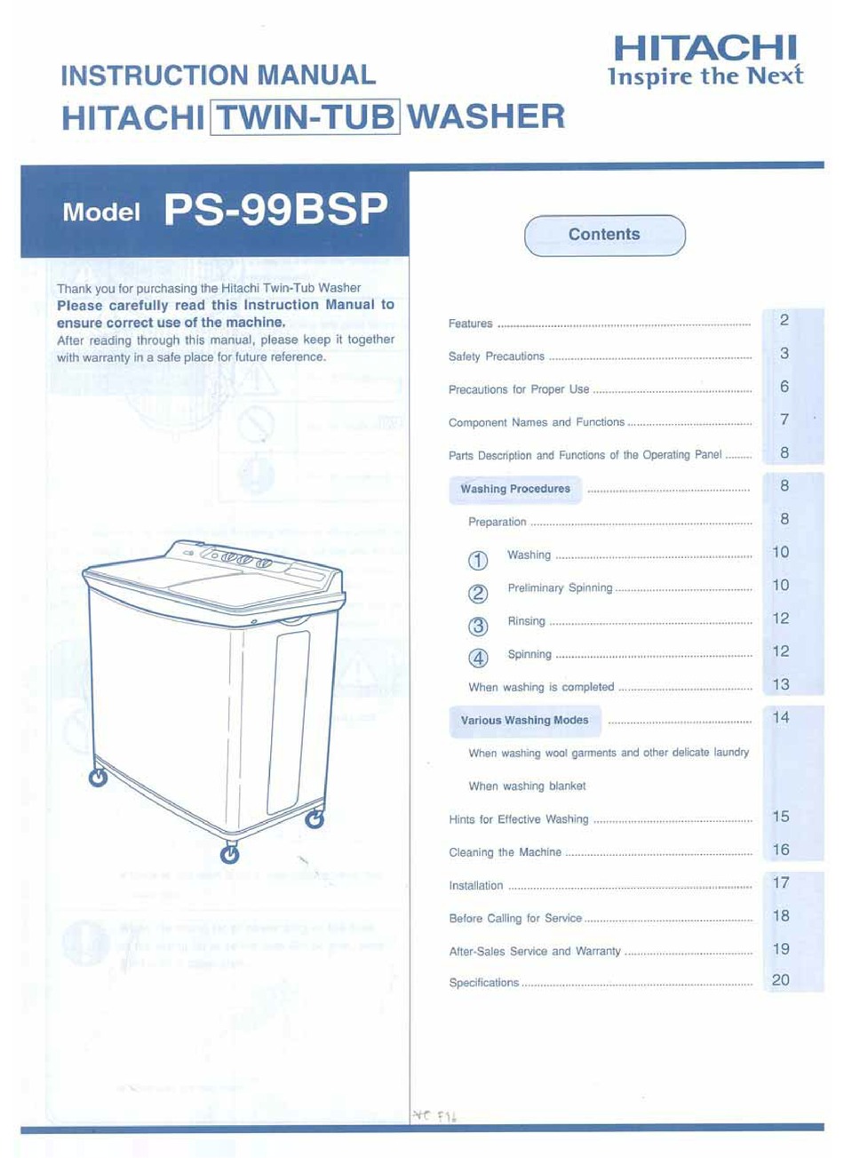 HITACHI TWINTUB PS99BSP INSTRUCTION MANUAL Pdf Download ManualsLib
