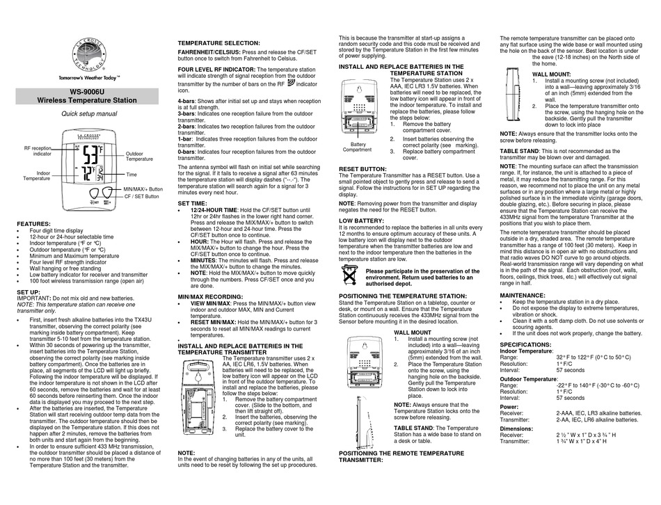 LA CROSSE WS9006U QUICK SETUP MANUAL Pdf Download ManualsLib