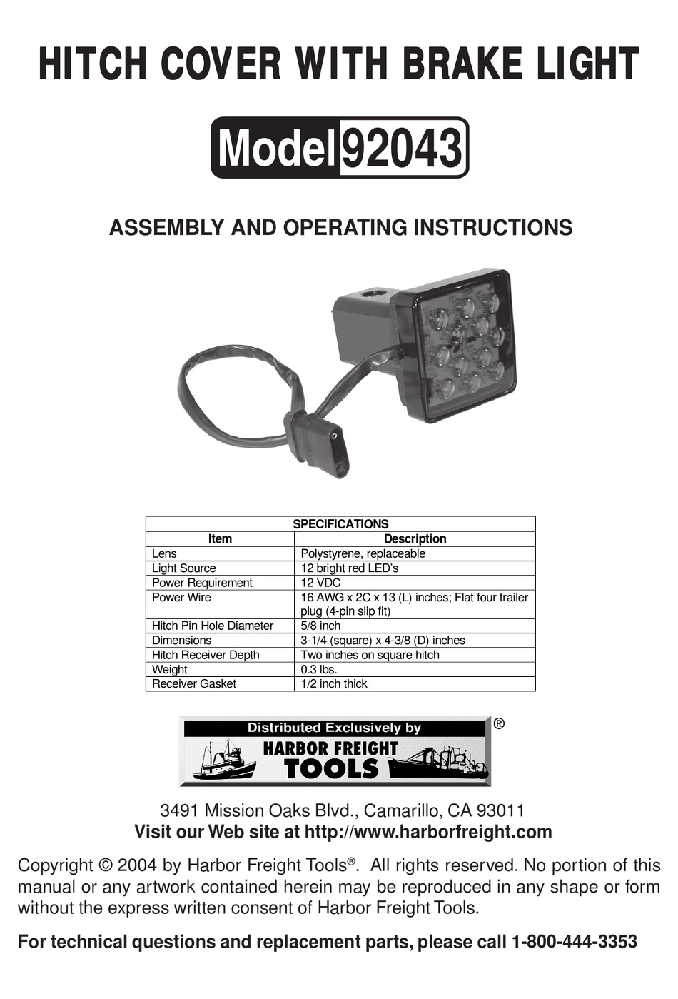 HARBOR FREIGHT TOOLS 92043 ASSEMBLY AND OPERATING INSTRUCTIONS Pdf