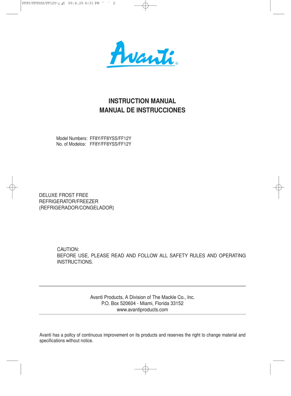 Avanti Ff8y Instruction Manual Pdf Download Manualslib