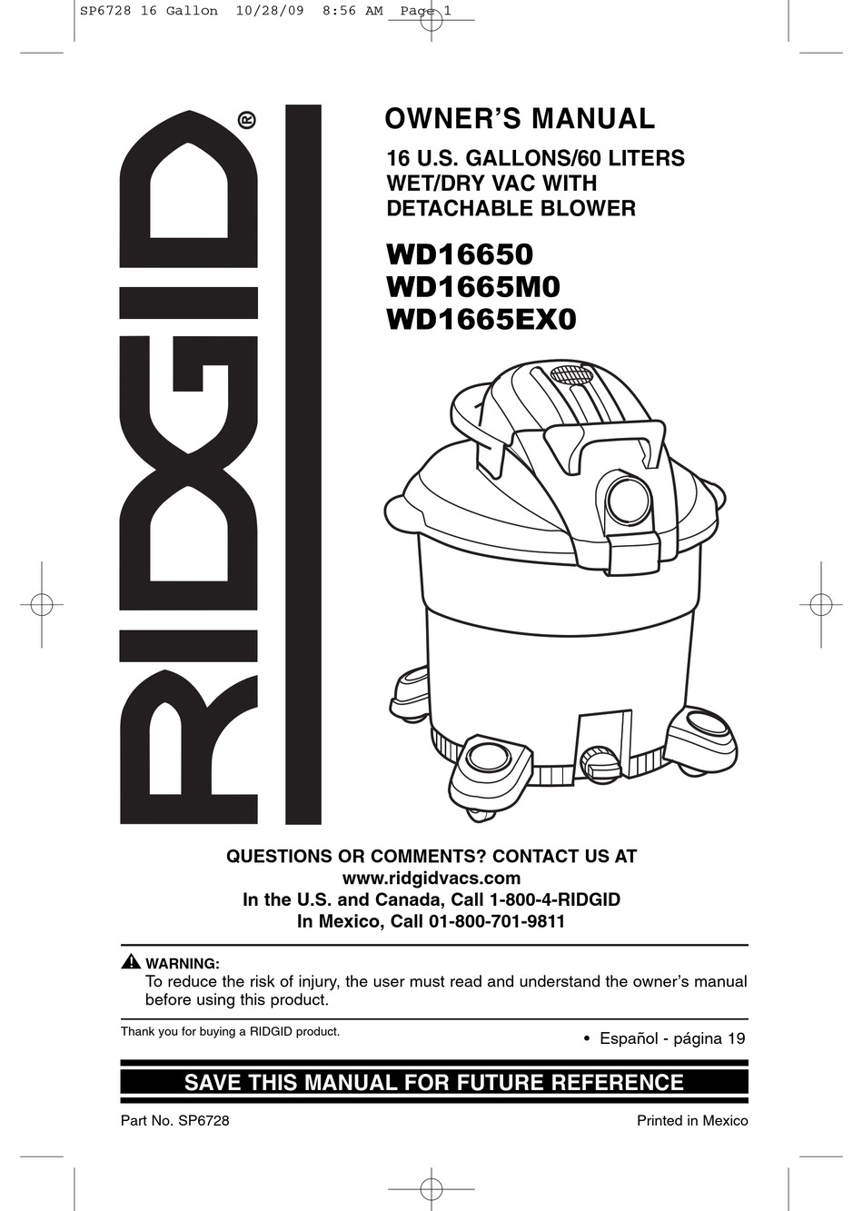 RIDGID WD16650 OWNER'S MANUAL Pdf Download | ManualsLib