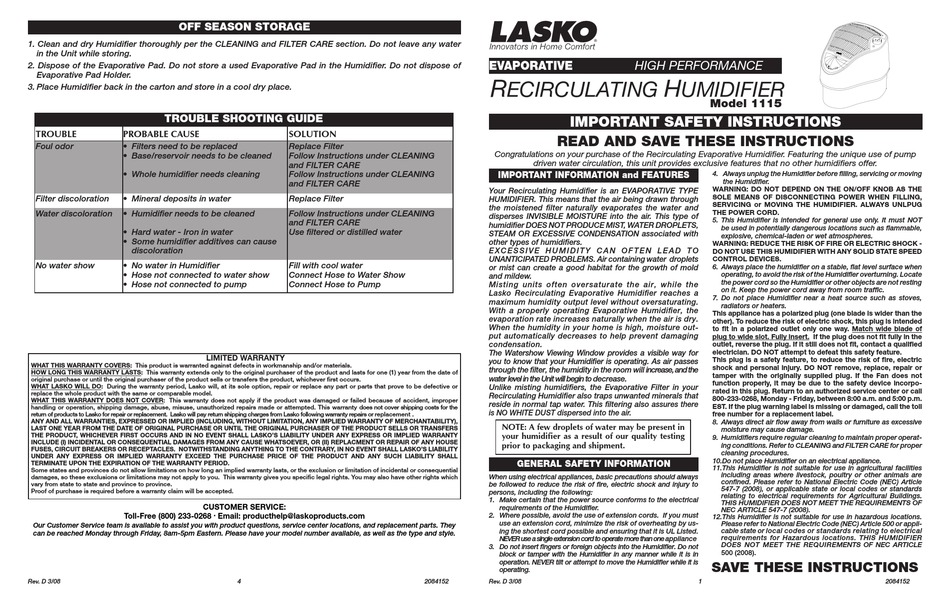 LASKO 1115 INSTRUCTIONS Pdf Download ManualsLib