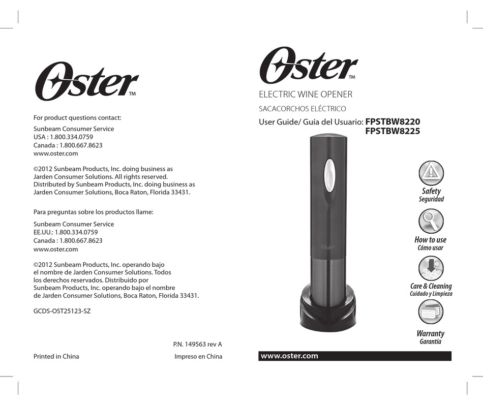 OSTER METALLIC RED ELECTRIC WINE OPENER INSTRUCTION MANUAL Pdf Download