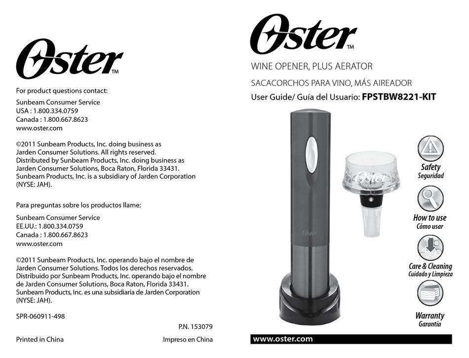 Metallic Red Oster FPSTBW8221-KIT Electric Wine Opener Plus Wine Aerator 