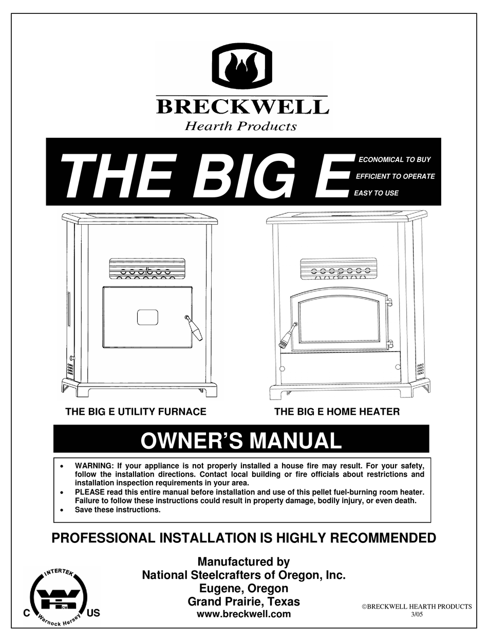 BRECKWELL THE BIG E UTILITY FURNANCE OWNER'S MANUAL Pdf Download