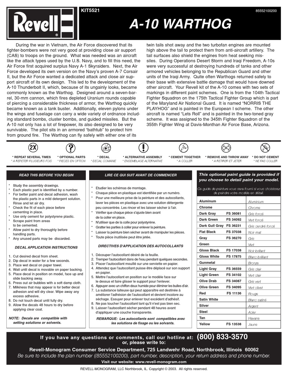 REVELL A-10 WARTHOG ASSEMBLY MANUAL Pdf Download | ManualsLib