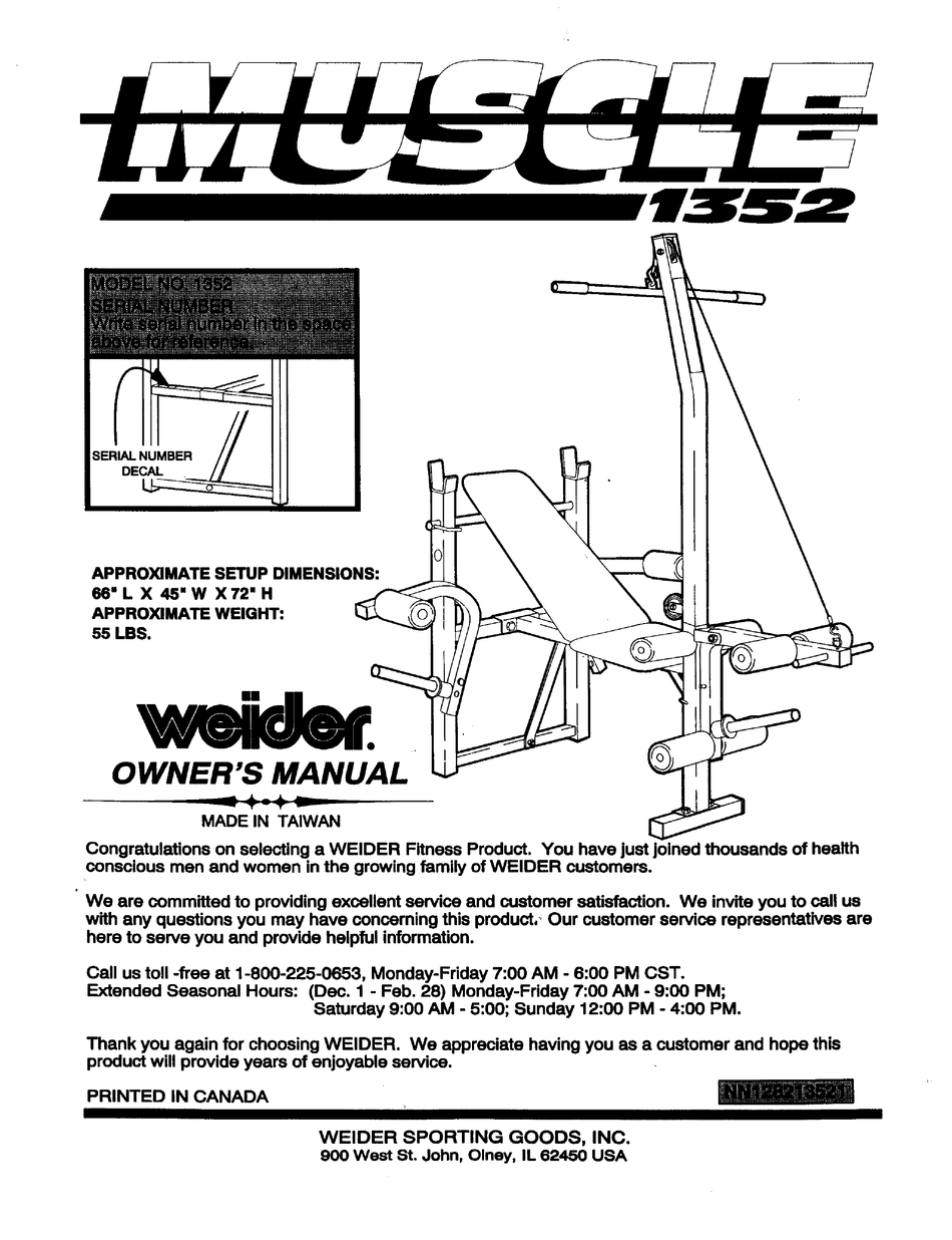 WEIDER MUSCLE 1352 BENCH OWNER'S MANUAL Pdf Download ManualsLib