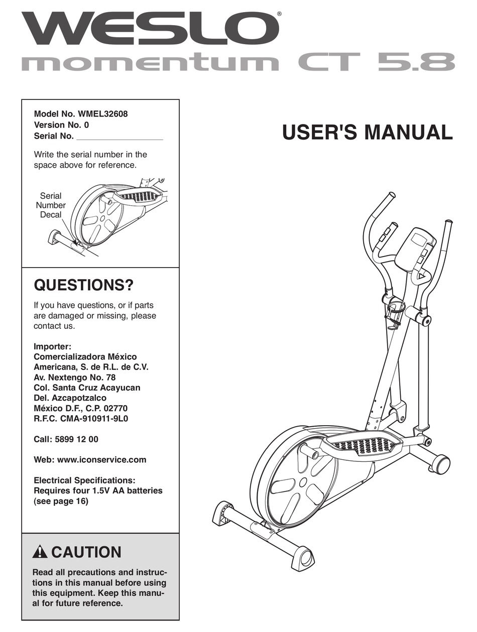 WESLO MOMENTUM CT5.8 ELLIPTICAL MANUAL Pdf Download | ManualsLib