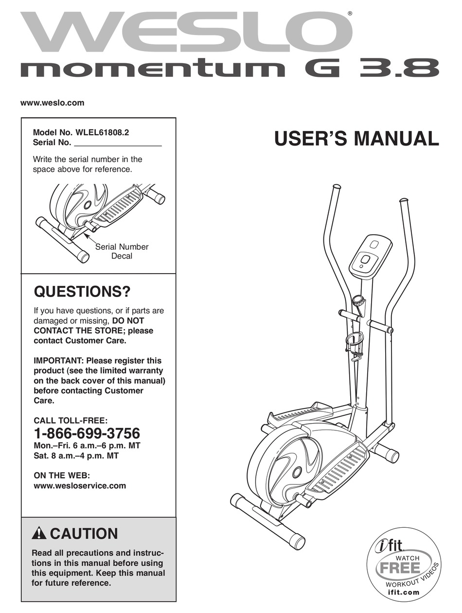 WESLO MOMENTUM G 3.8 ELLIPTICAL MANUAL Pdf Download | ManualsLib