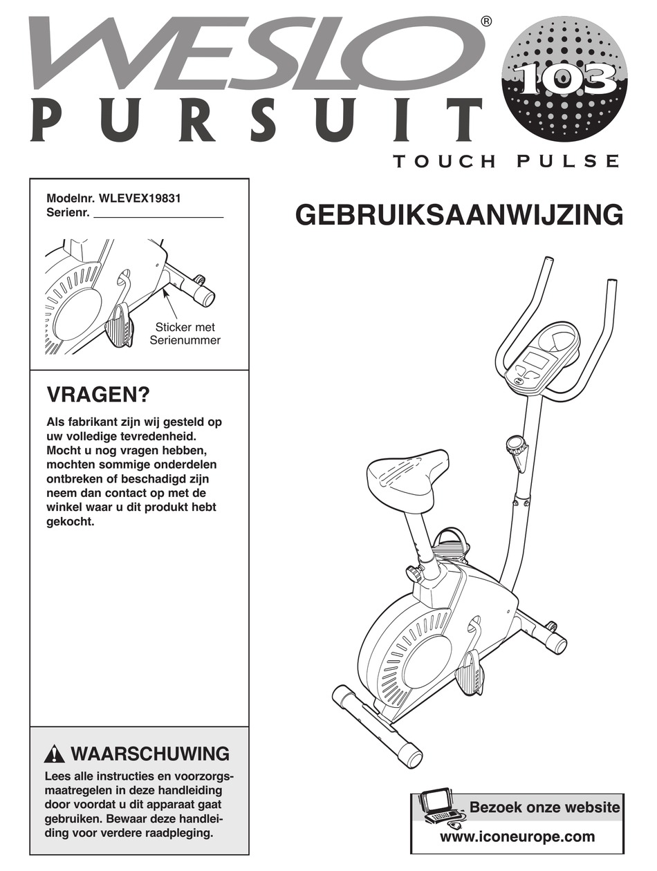 WESLO PURSUIT 103 BIKE GEBRUIKSAANWIJZING Pdf Download | ManualsLib