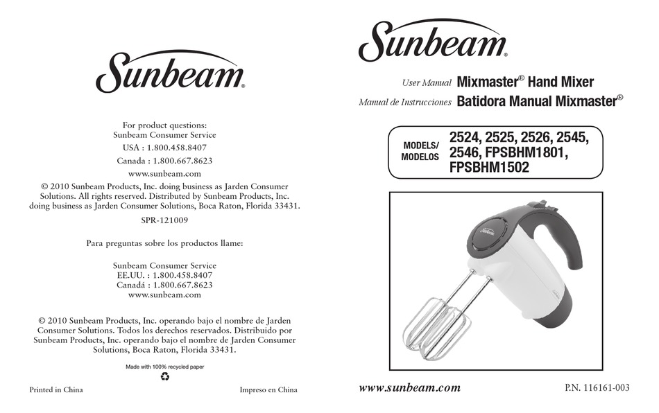 SUNBEAM MIXMASTER FPSBHM1502 USER MANUAL Pdf Download ManualsLib