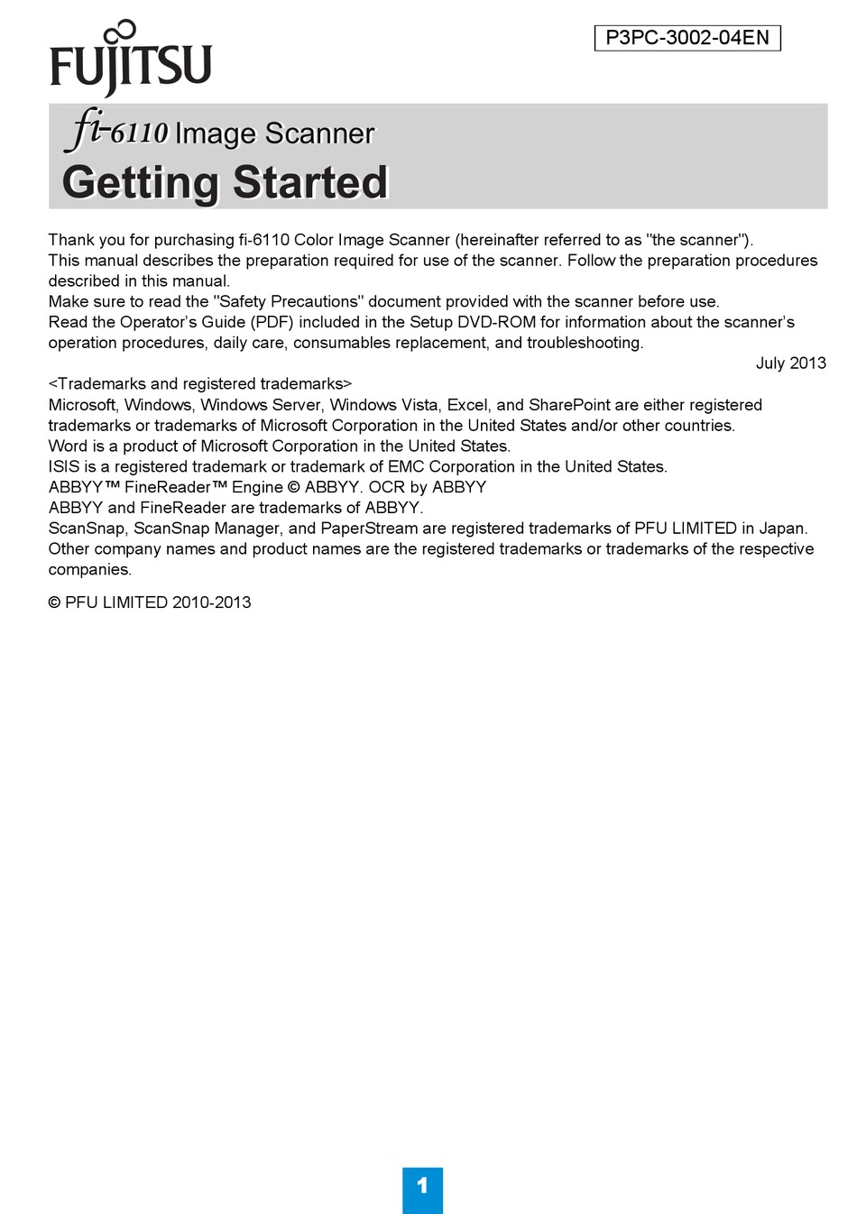 FUJITSU FI-6110 GETTING STARTED MANUAL Pdf Download | ManualsLib